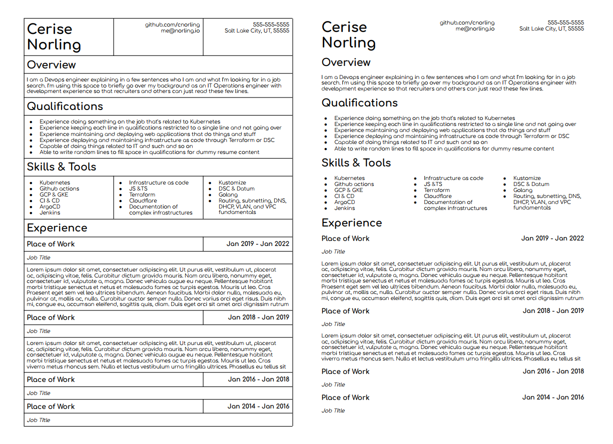 My old resume with the table cell outline set to 1pt and 0pt width